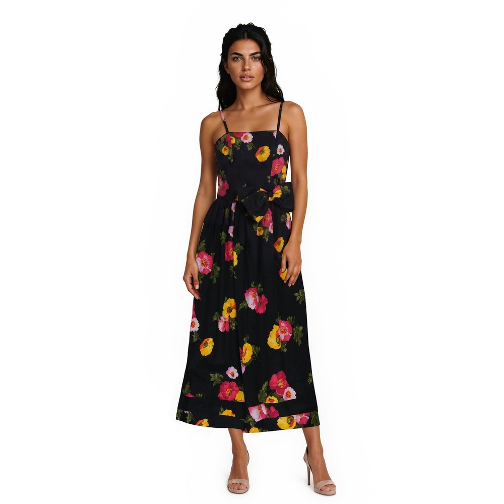 Nipon Night Midi Dress 100% Cotton Women's Size 12 Black Pink Floral Vintage Y2K